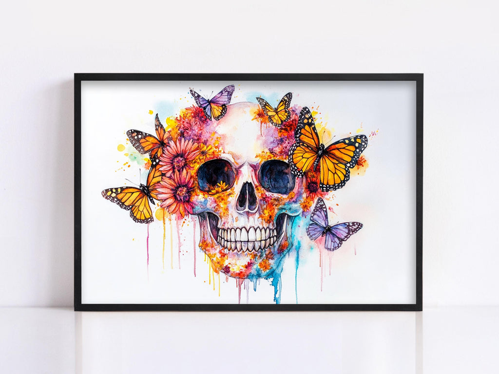 A framed painting depicting a colorful, abstract skull surrounded by butterflies and flowers.