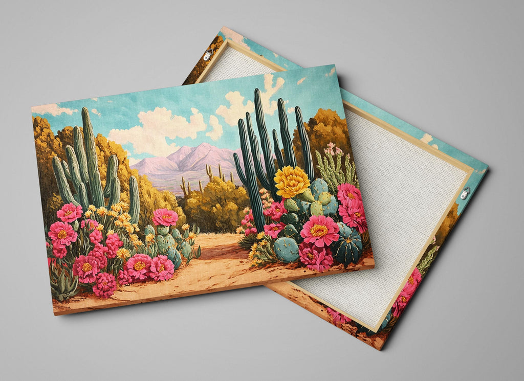 a painting of a desert scene with cacti and flowers