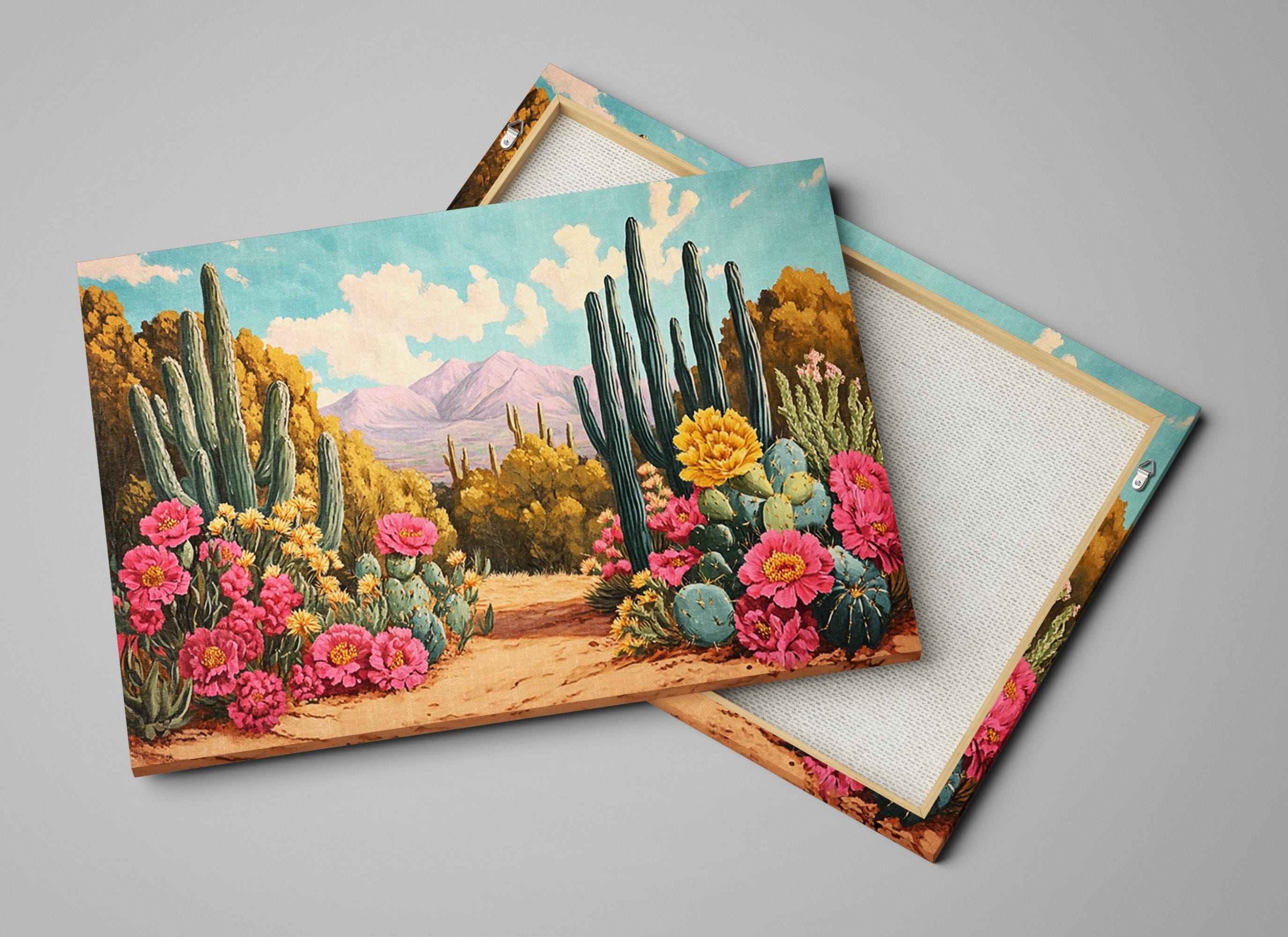 a painting of a desert scene with cacti and flowers