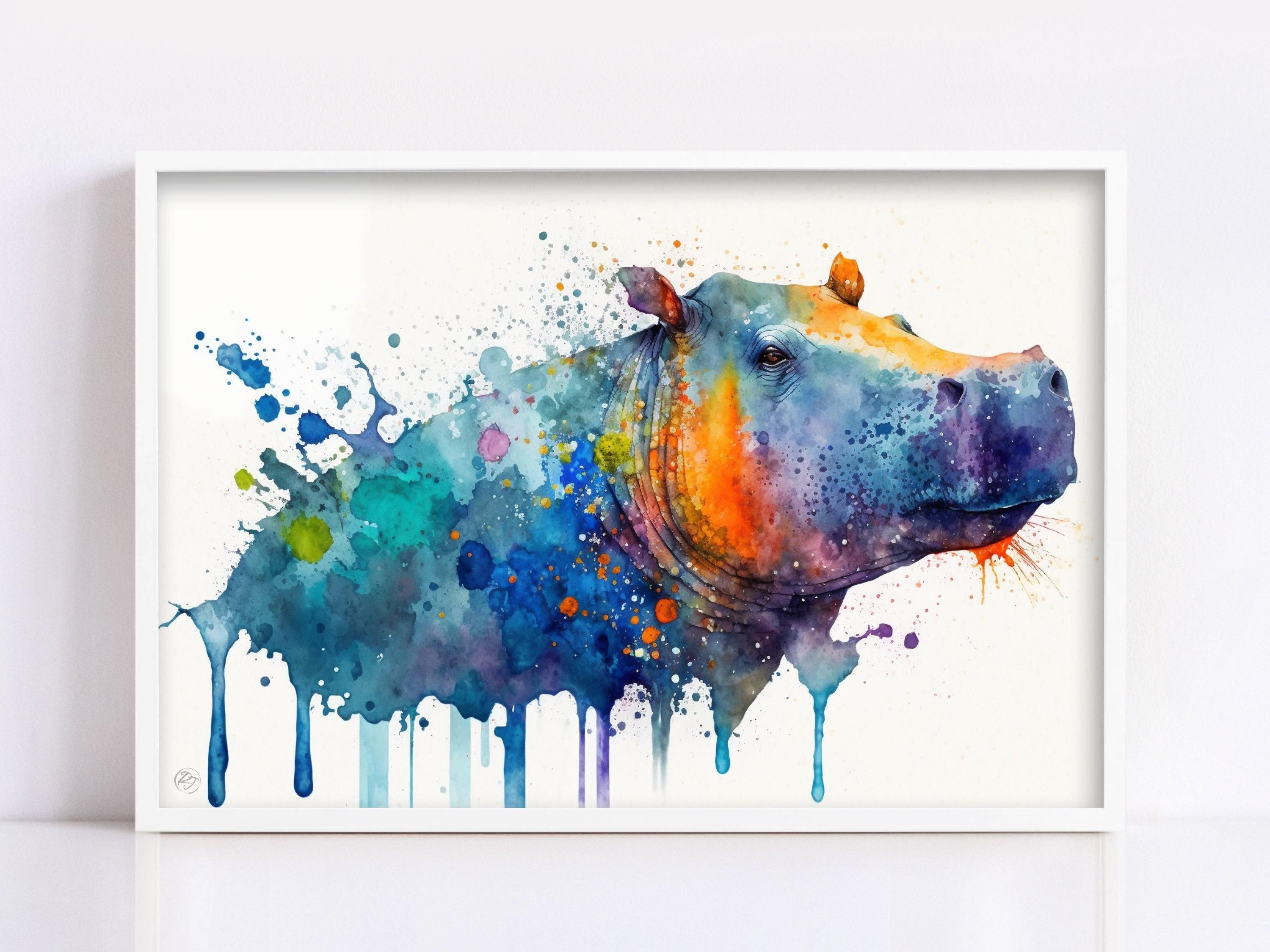 Wildlife Majesty: Hippopotamus Watercolor Painting, Giclee Print on Canvas, Artist Paper, Watercolor Paper, Available in Extra Large Sizes