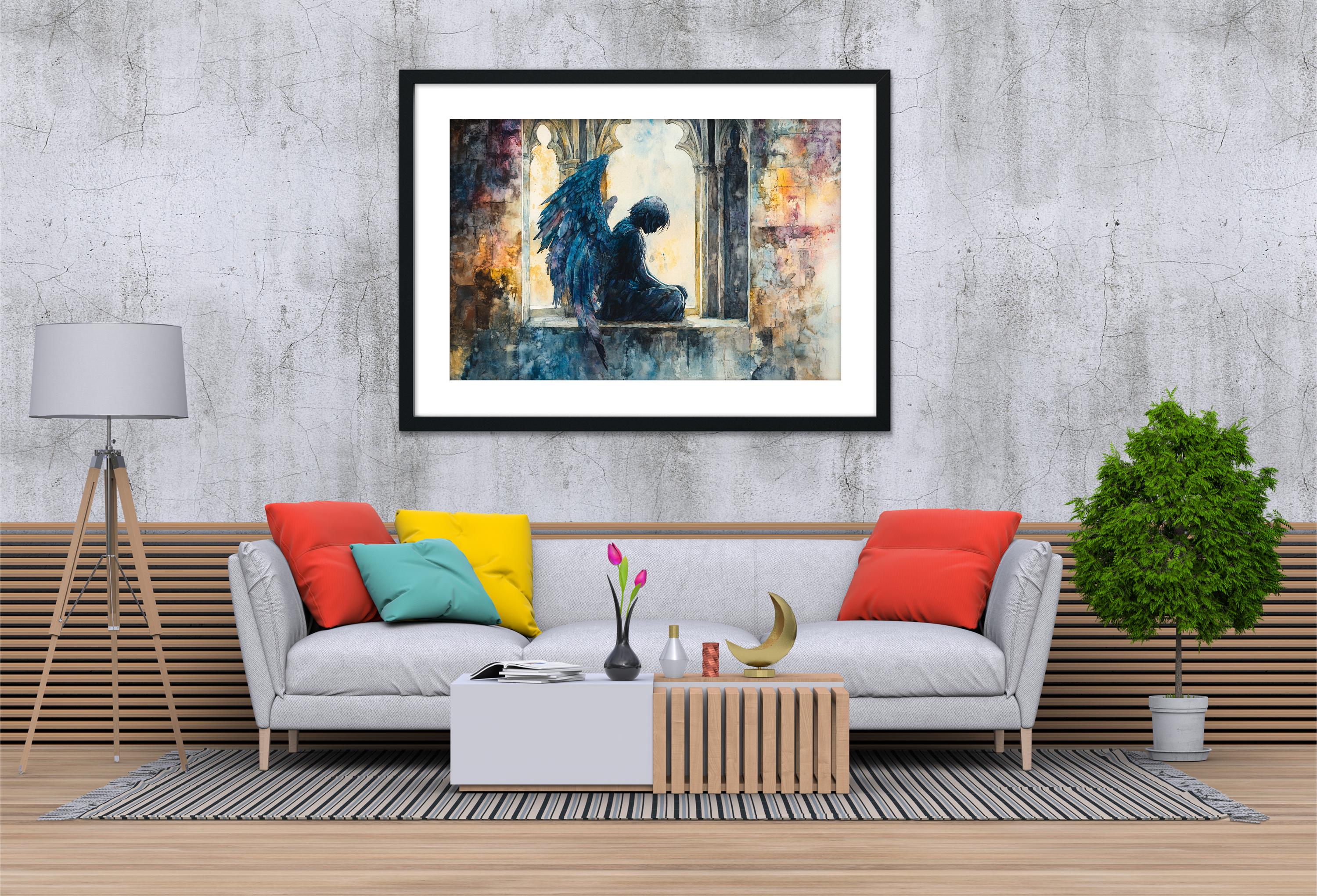 a modern living room with a gray sofa, a wooden coffee table, and a framed painting of a winged figure hanging on the wall above the sofa.