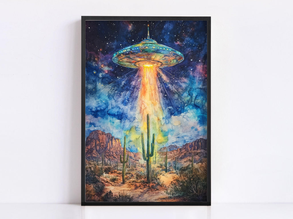 a large, colorful alien spacecraft hovering over a desert landscape with cacti and mountains in the background.