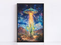 a large, colorful alien spacecraft hovering over a desert landscape with cacti and mountains in the background.