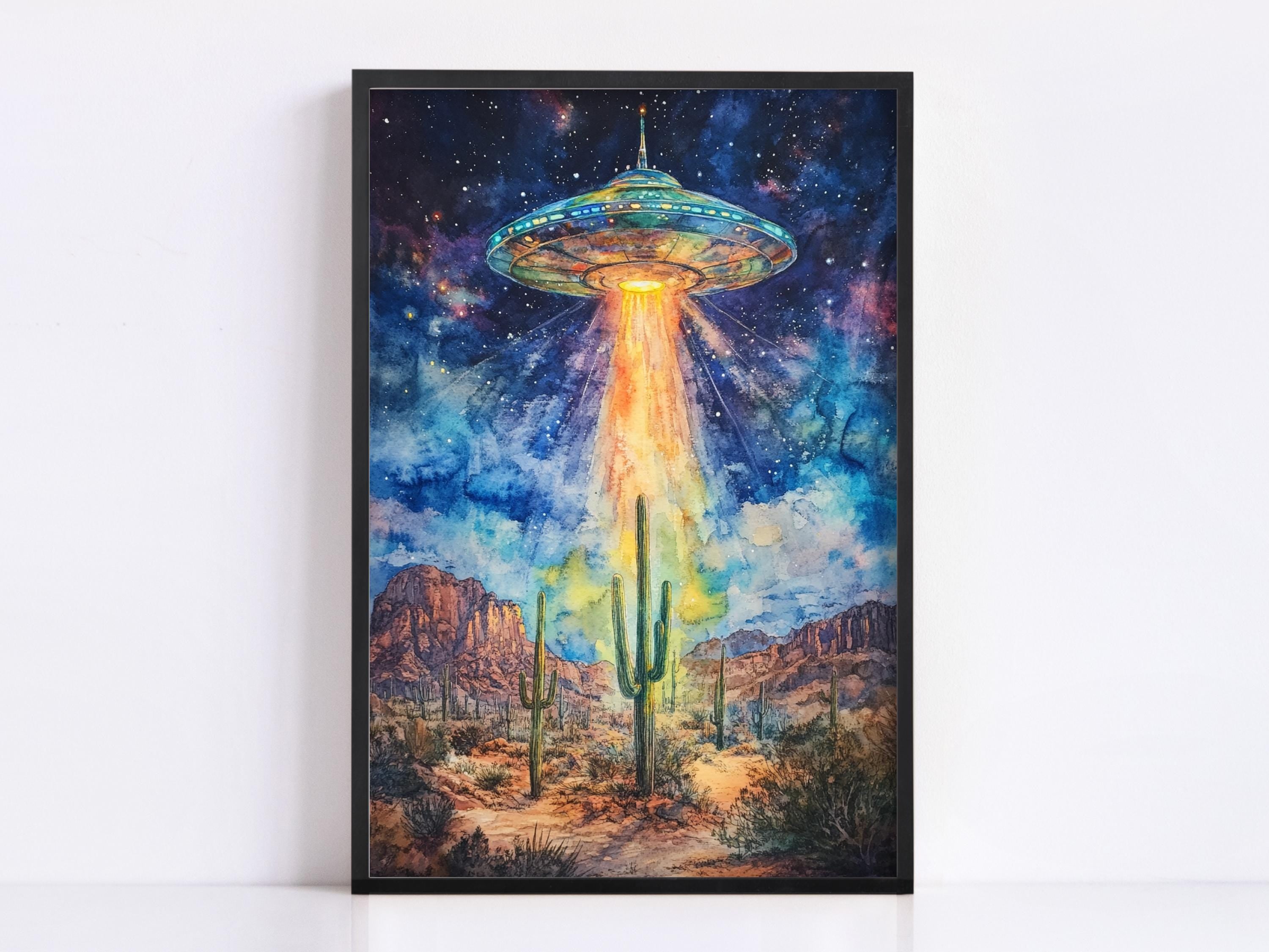 a large, colorful alien spacecraft hovering over a desert landscape with cacti and mountains in the background.