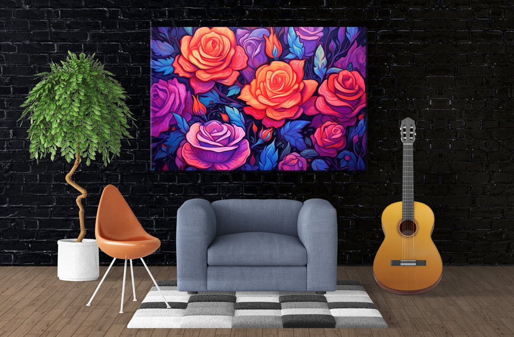 Canvas Wall Art – Neon Roses Floral Wall Decor on Large Gallery Ready Canvas Print