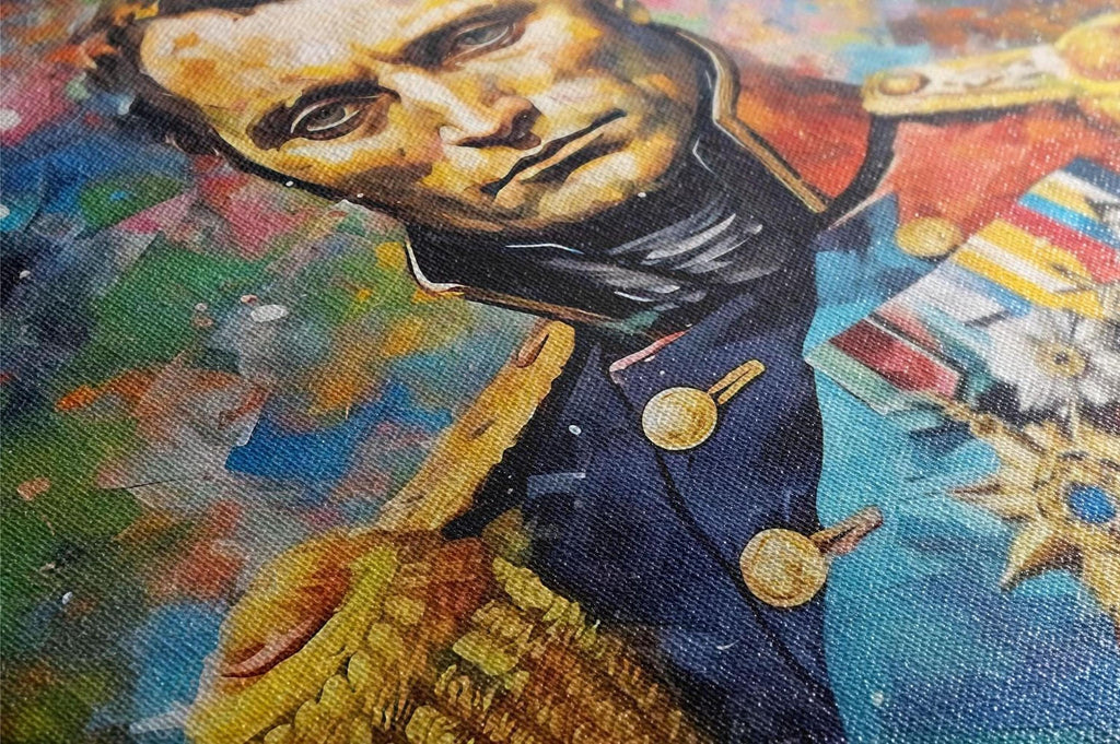 The image is a close-up of a painting depicting a man wearing a military uniform, with a focus on his face and upper body.