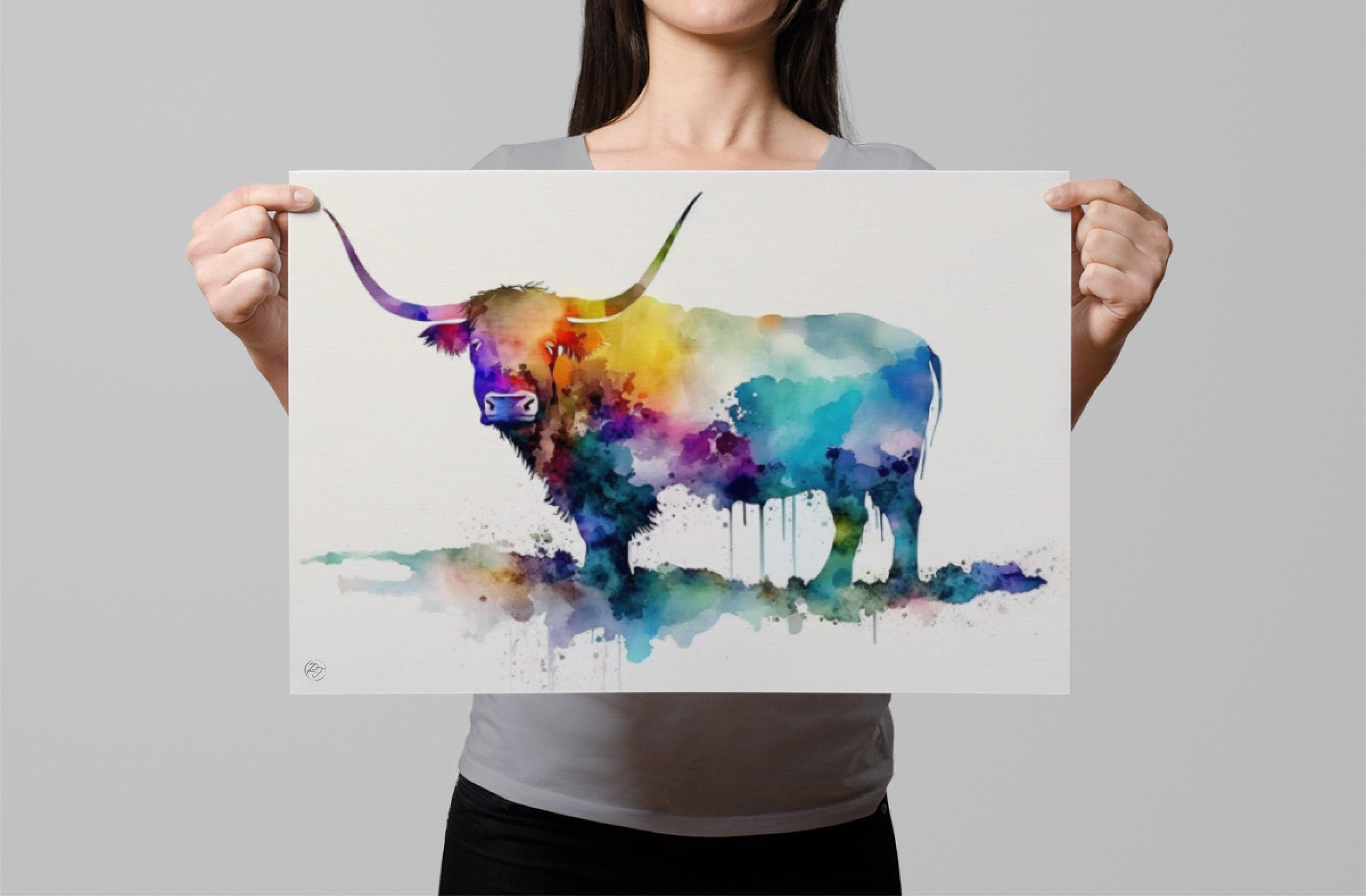 Nature's Charm: Highland Cow Watercolor Wall Art, Giclee Print on Canvas, Artist Paper, Watercolor Paper, Available in Extra Large Sizes