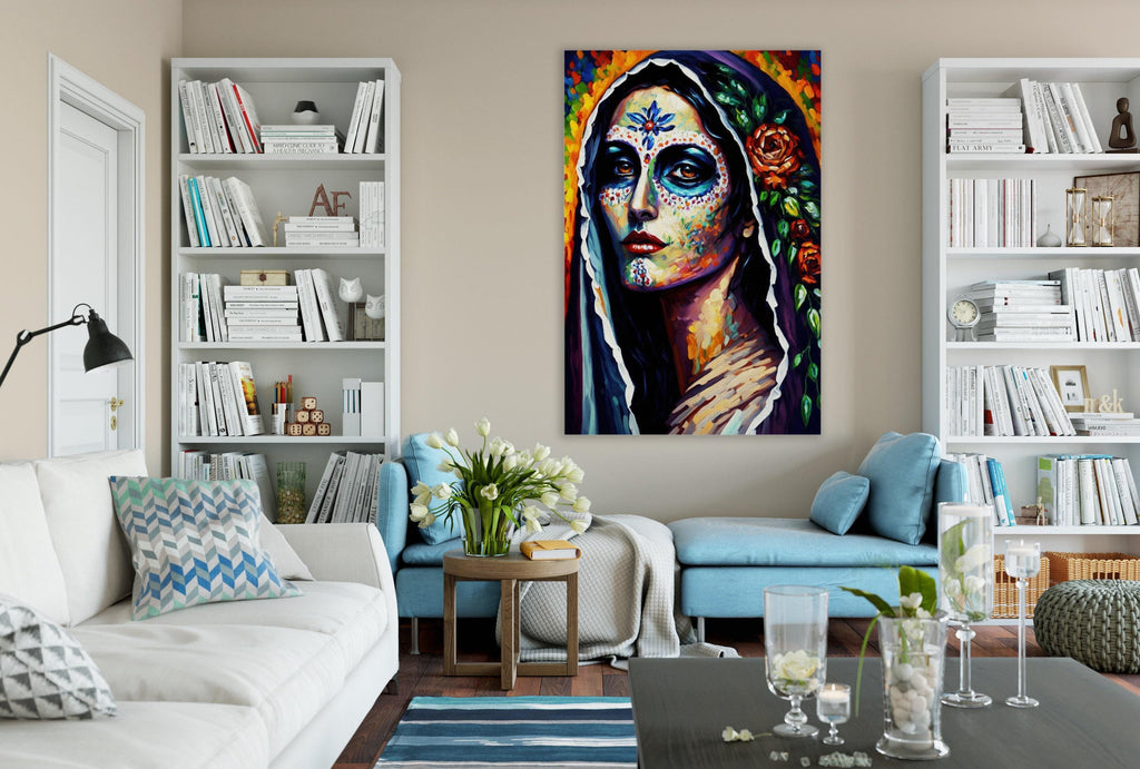a living room with a large, colorful painting of a woman's face hanging on the wall. The room is furnished with a white sofa, a blue armchair, and a coffee table with various decorative items such as vases and books. The room also features a bookshelf filled with books and a lamp.