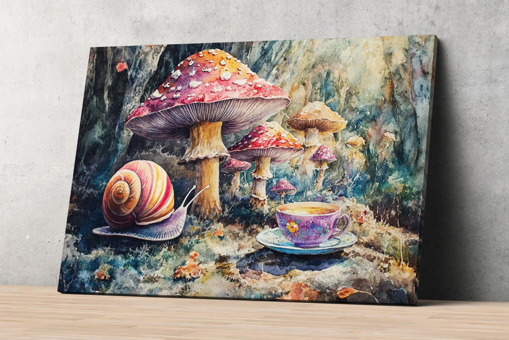 A whimsical painting depicting a snail in a forest setting, with a cup of tea on a rock nearby, surrounded by mushrooms and other fantastical elements.
