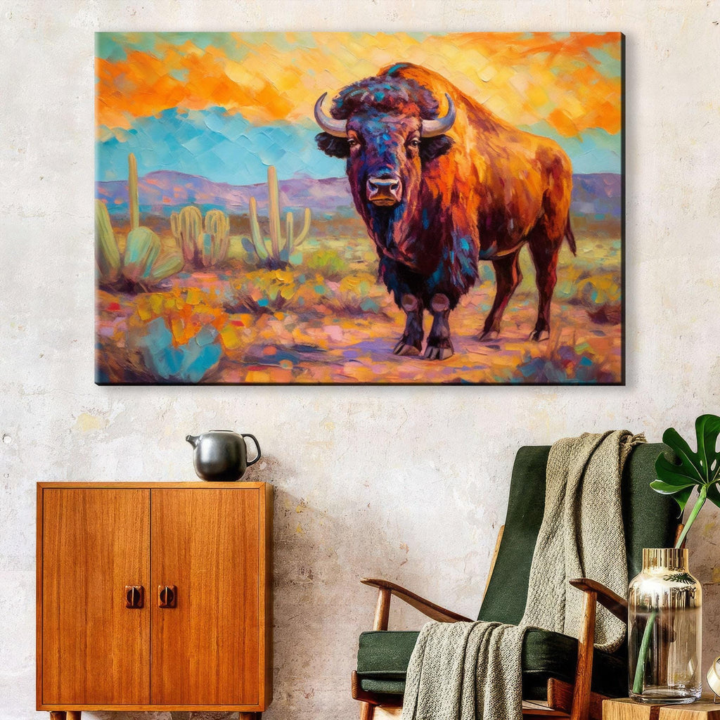 a large painting of a bison in a desert landscape, hanging on a wall above a wooden cabinet and a green armchair.