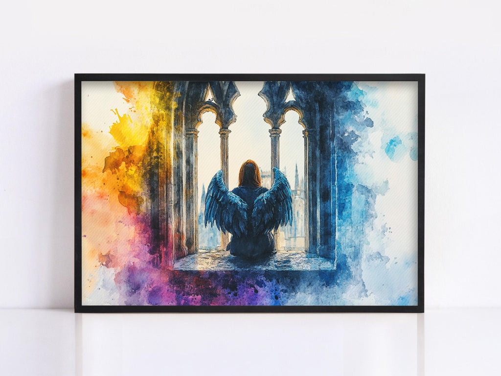 A framed watercolor painting depicting a person with wings, sitting in a window with ornate architectural elements.