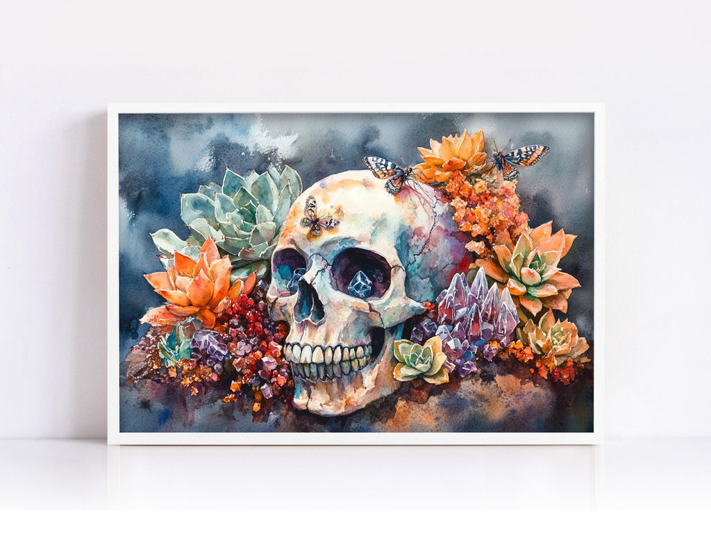 A watercolor painting depicting a skull surrounded by vibrant flowers and butterflies against a dark background.