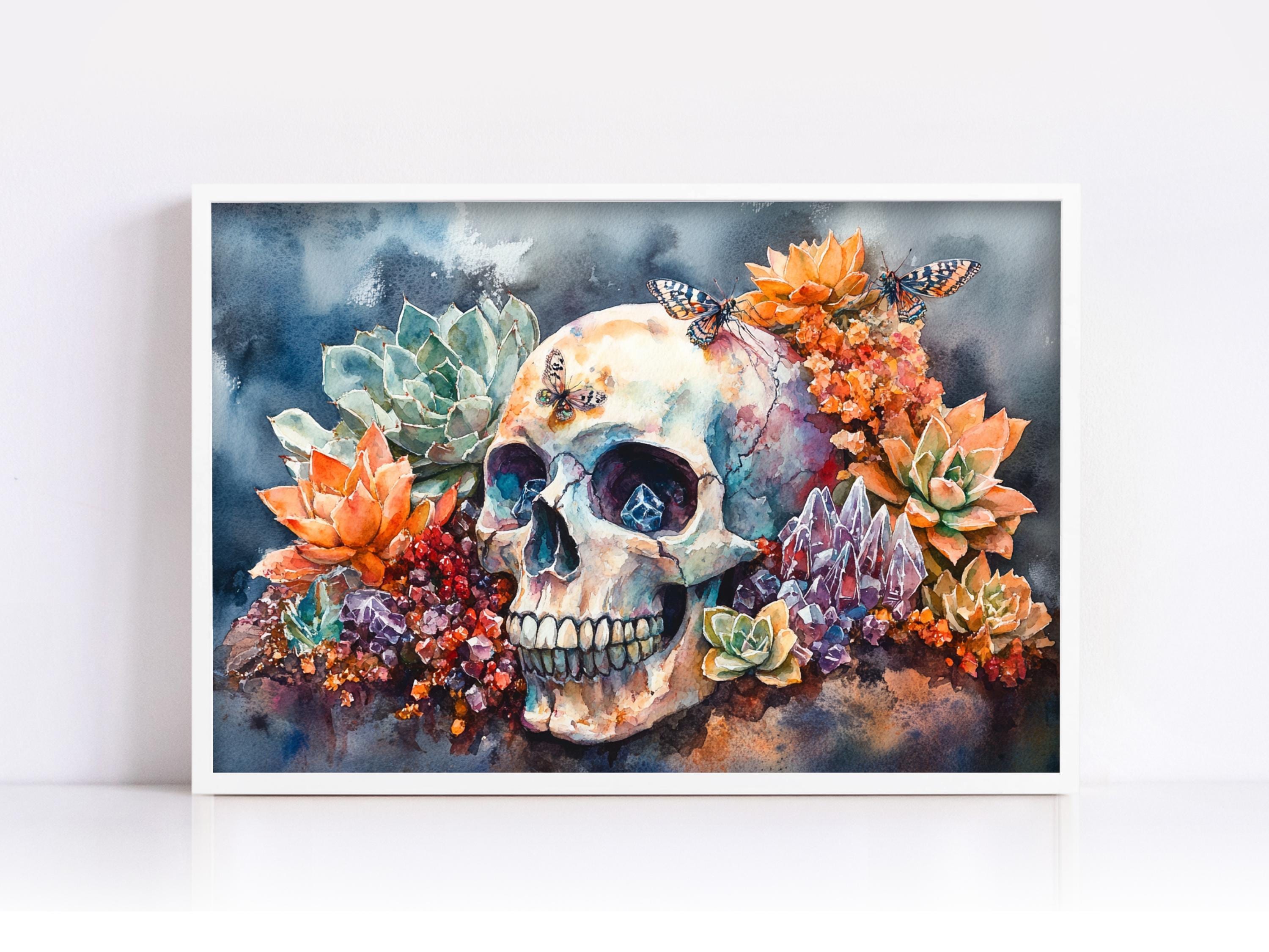 A watercolor painting depicting a skull surrounded by vibrant flowers and butterflies against a dark background.