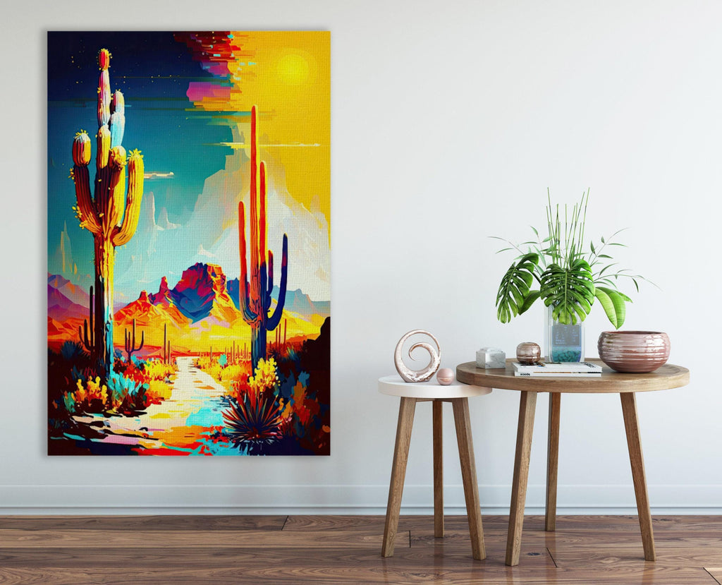 a vibrant desert landscape with cacti and mountains in the background, complemented by a colorful painting on the wall. In front of the painting, there is a small round table with a plant and a vase, creating a cozy and inviting atmosphere.