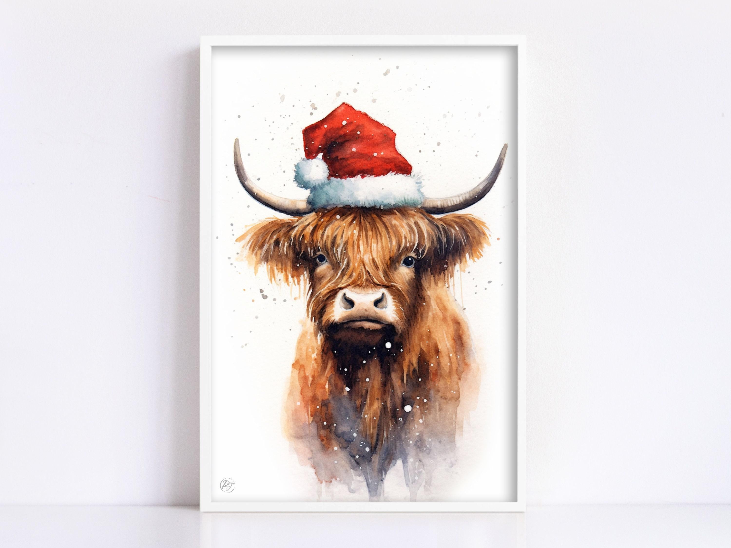 Festive Highland Cow in Santa Hat Watercolor Art, Giclee Print on Canvas, Artist Paper, Watercolor Paper, Available in Extra Large Sizes