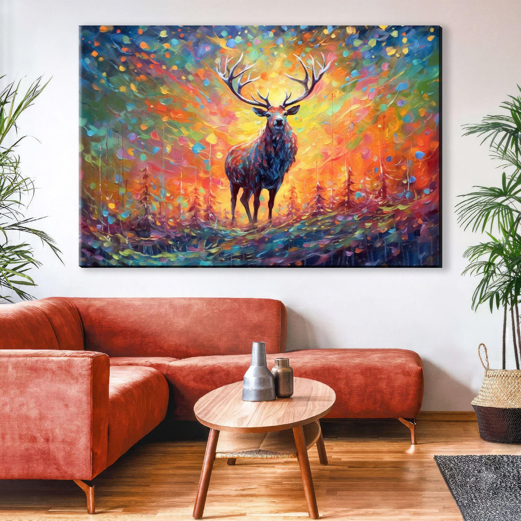 Colorful Reindeer Painting - Large Christmas Canvas Art | Rustic Holiday Wall Decor