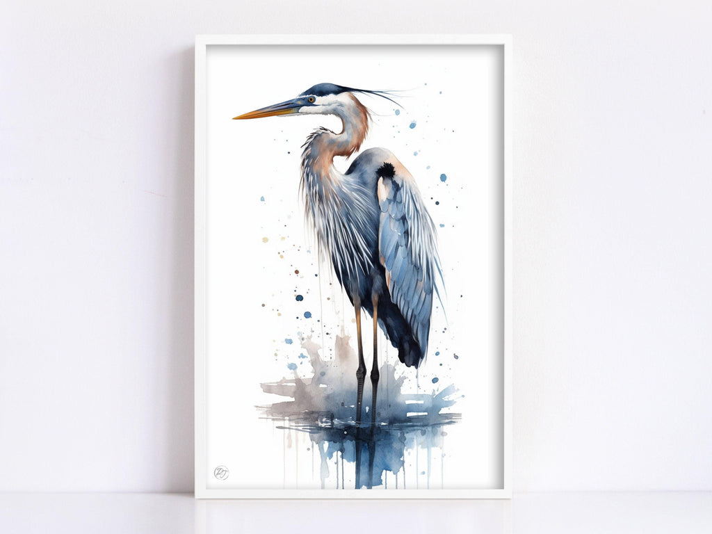 Tranquil Guardian: Blue Heron Watercolor Wall Art, Giclee Print on Canvas, Artist Paper, Watercolor Paper, Available in Extra Large Sizes