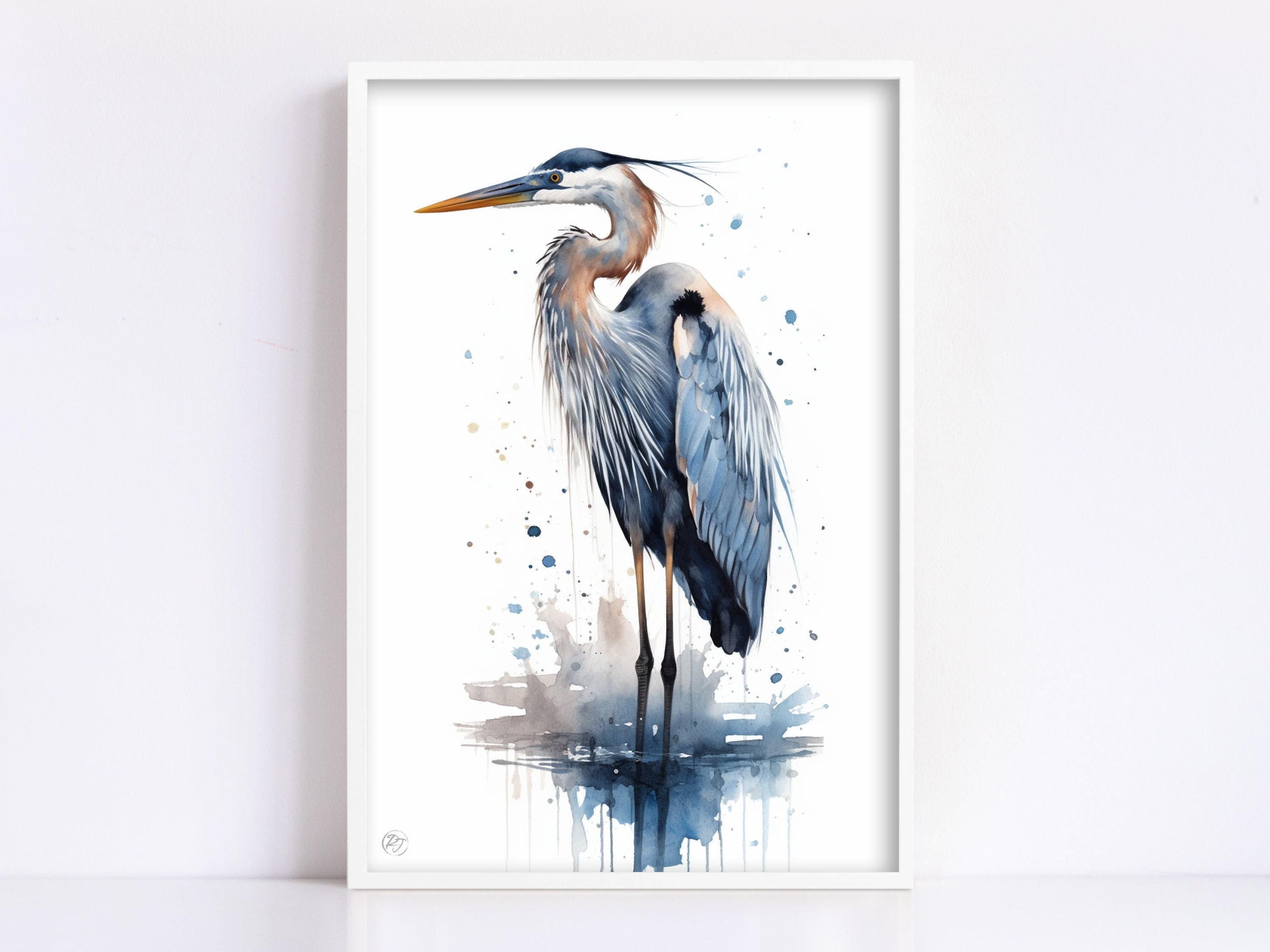 Tranquil Guardian: Blue Heron Watercolor Wall Art, Giclee Print on Canvas, Artist Paper, Watercolor Paper, Available in Extra Large Sizes