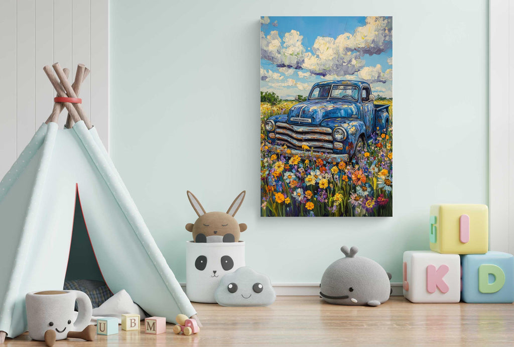a child's bedroom with a teepee tent, stuffed animals, and a painting of an old blue truck in a field of flowers.
