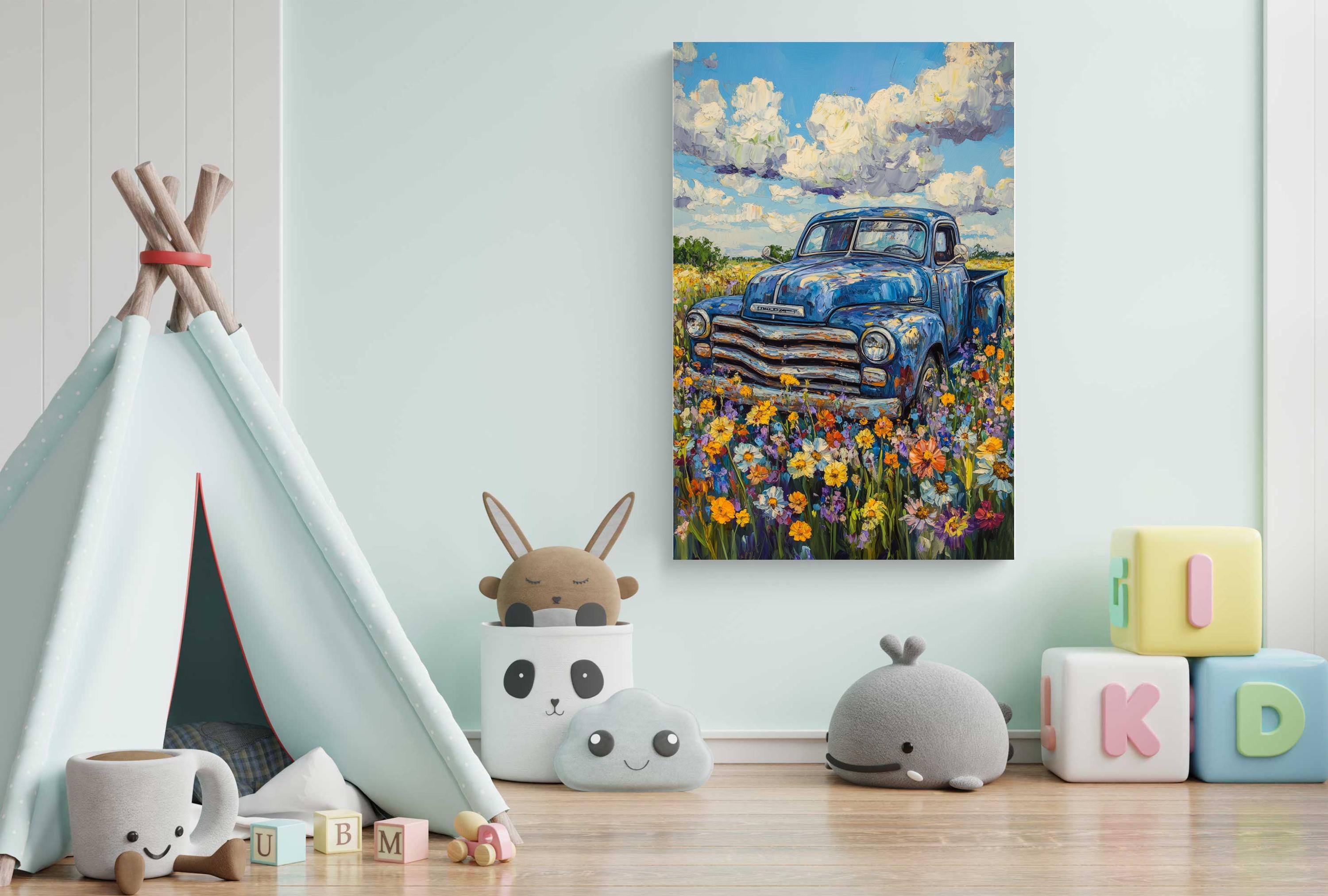 a child's bedroom with a teepee tent, stuffed animals, and a painting of an old blue truck in a field of flowers.