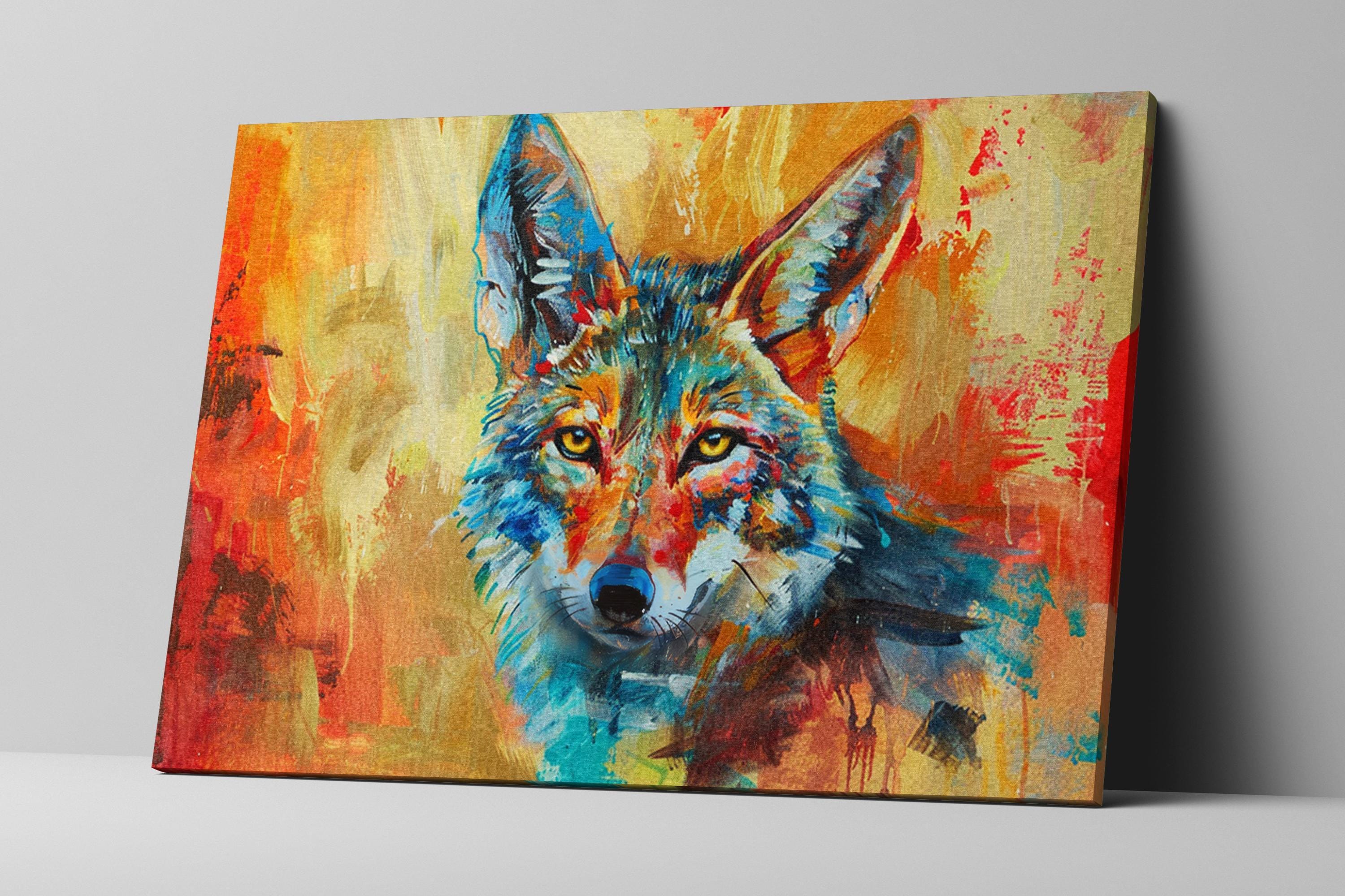 Colorful Coyote Wall Art | Modern Desert Coyote on Gallery Wrapped Canvas, Bold Wall Decor