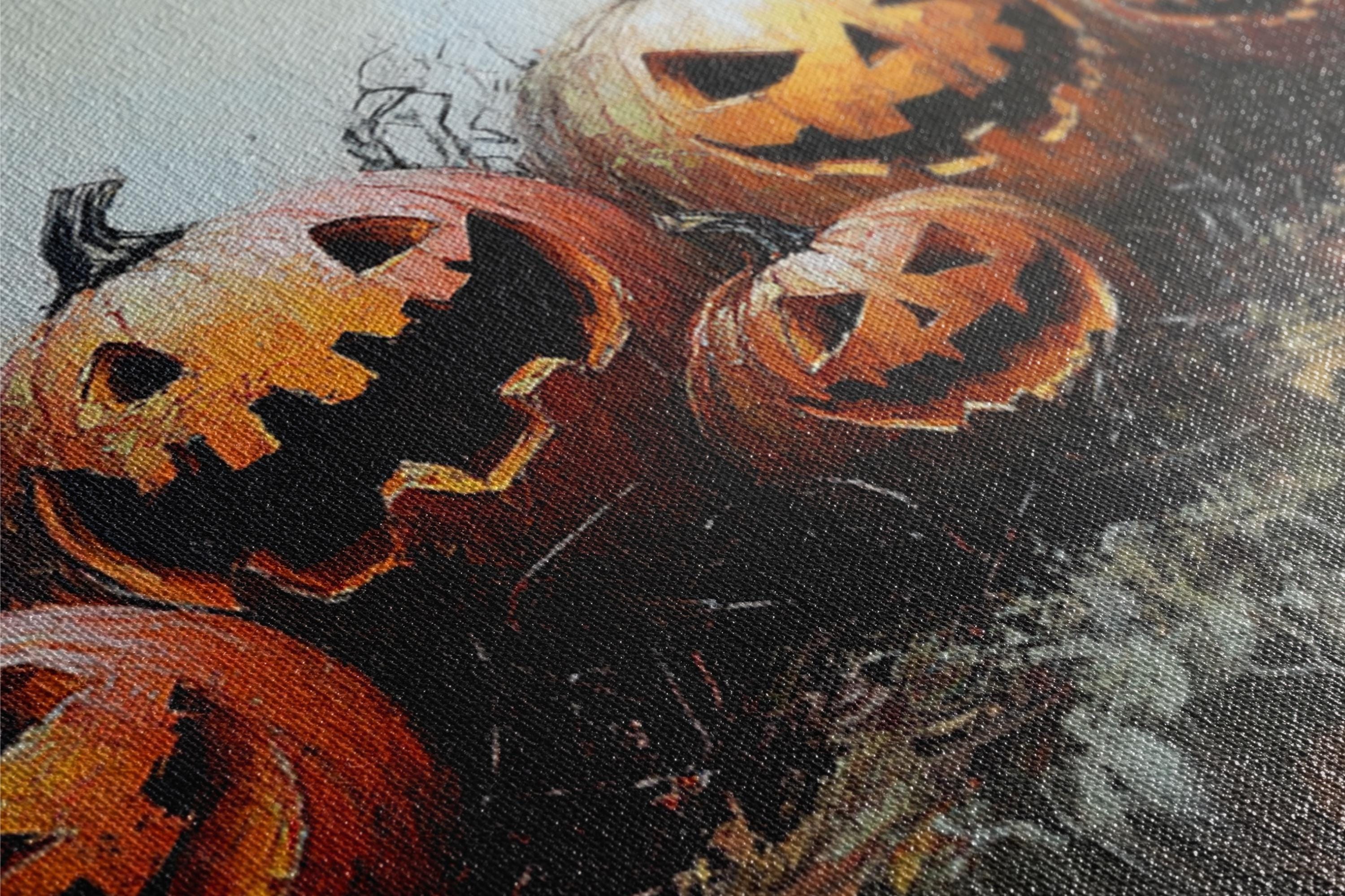 Halloween Wall Art – Extra Large Framed Canvas with Glowing Jack O Lanterns
