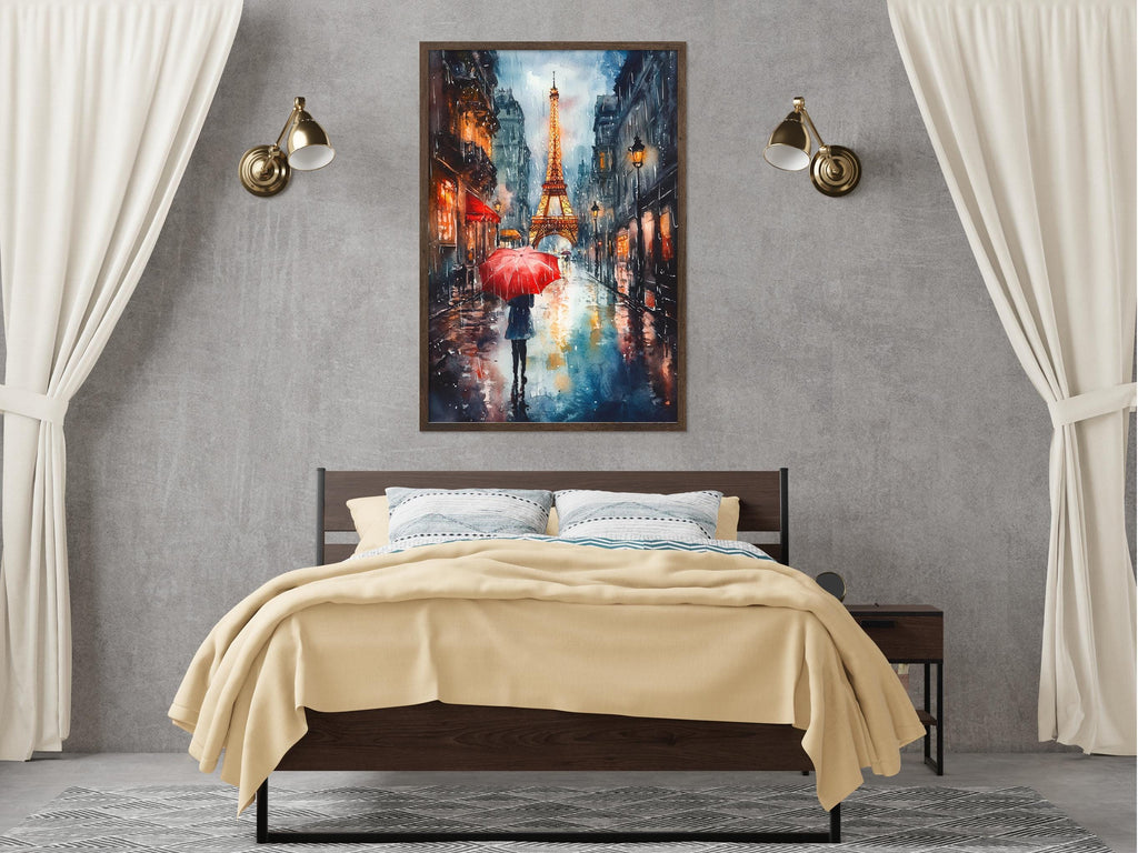 a bedroom with a large bed, a nightstand, and a painting of a rainy city street with a person holding a red umbrella.