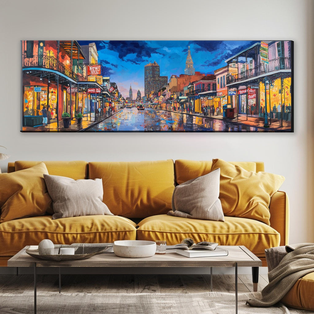a living room with a couch and a painting on the wall