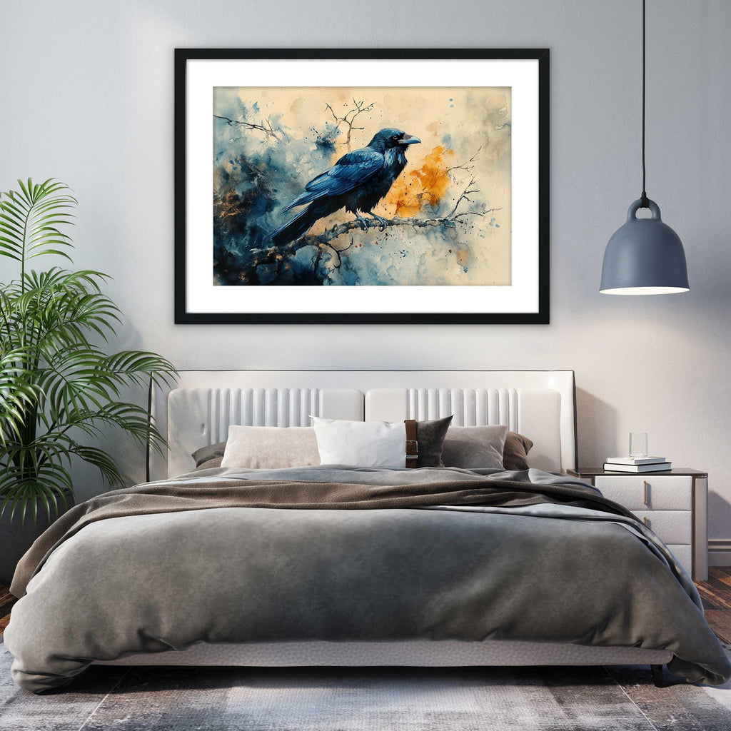 a bedroom with a large bed, a framed painting of a bird perched on a branch, and a potted plant on the left side of the room.