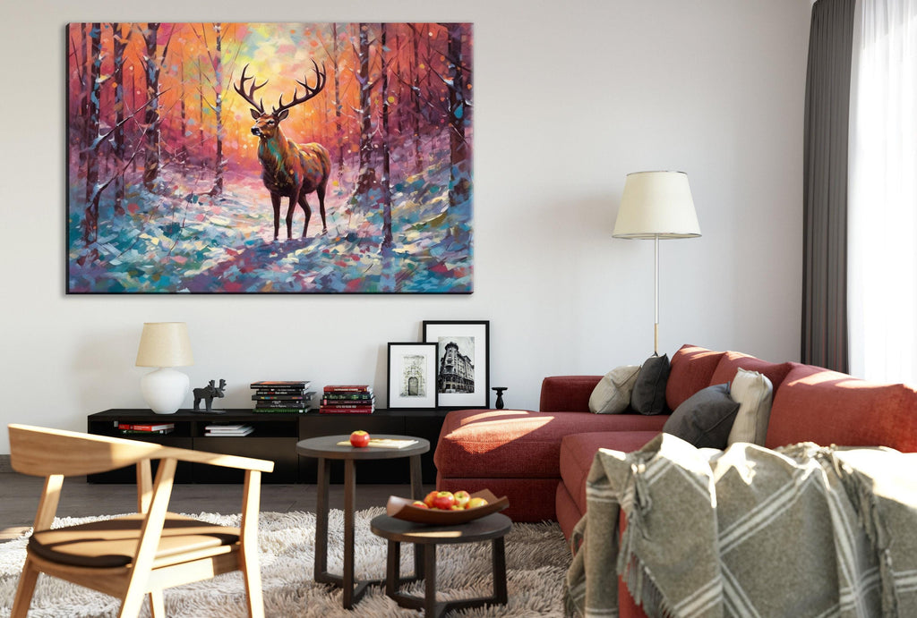 Reindeer Canvas Art - Snowy Winter Landscape | Christmas Wall Decor | Extra Large Canvas