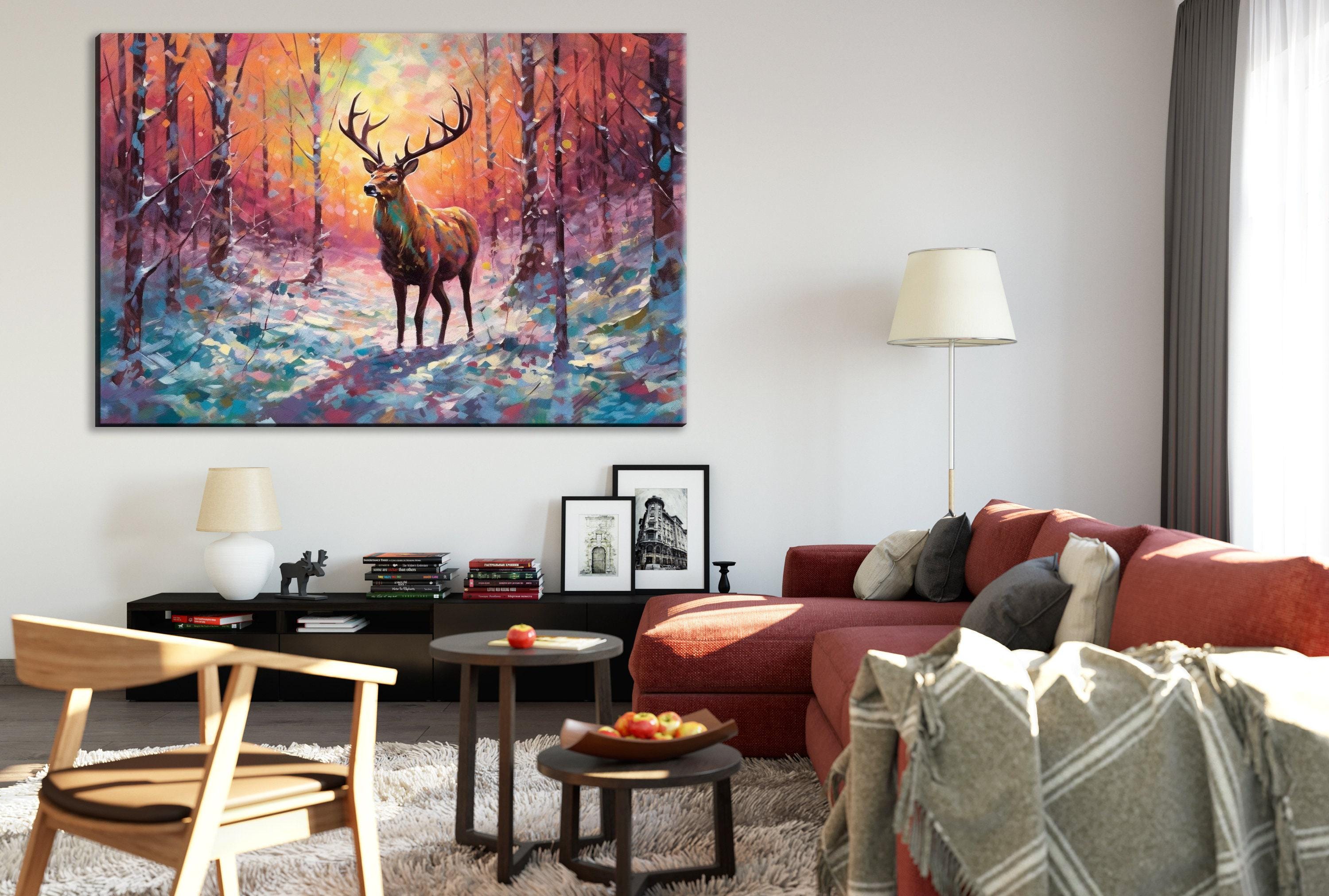 Reindeer Canvas Art - Snowy Winter Landscape | Christmas Wall Decor | Extra Large Canvas