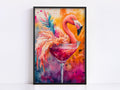 A vibrant painting of a flamingo standing in a martini glass, with a splash of colors and patterns surrounding the bird.