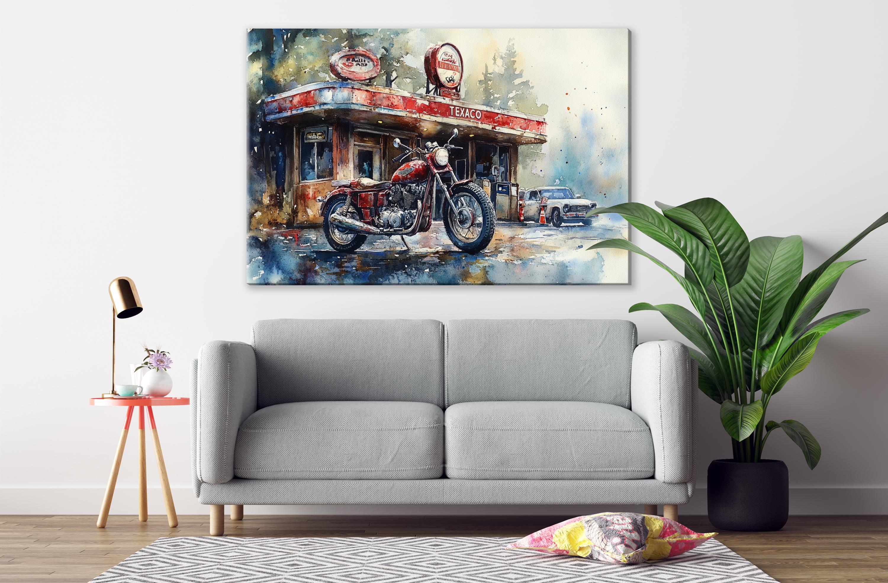 a gray sofa, a potted plant, and a painting of a motorcycle and a gas station on the wall above it.