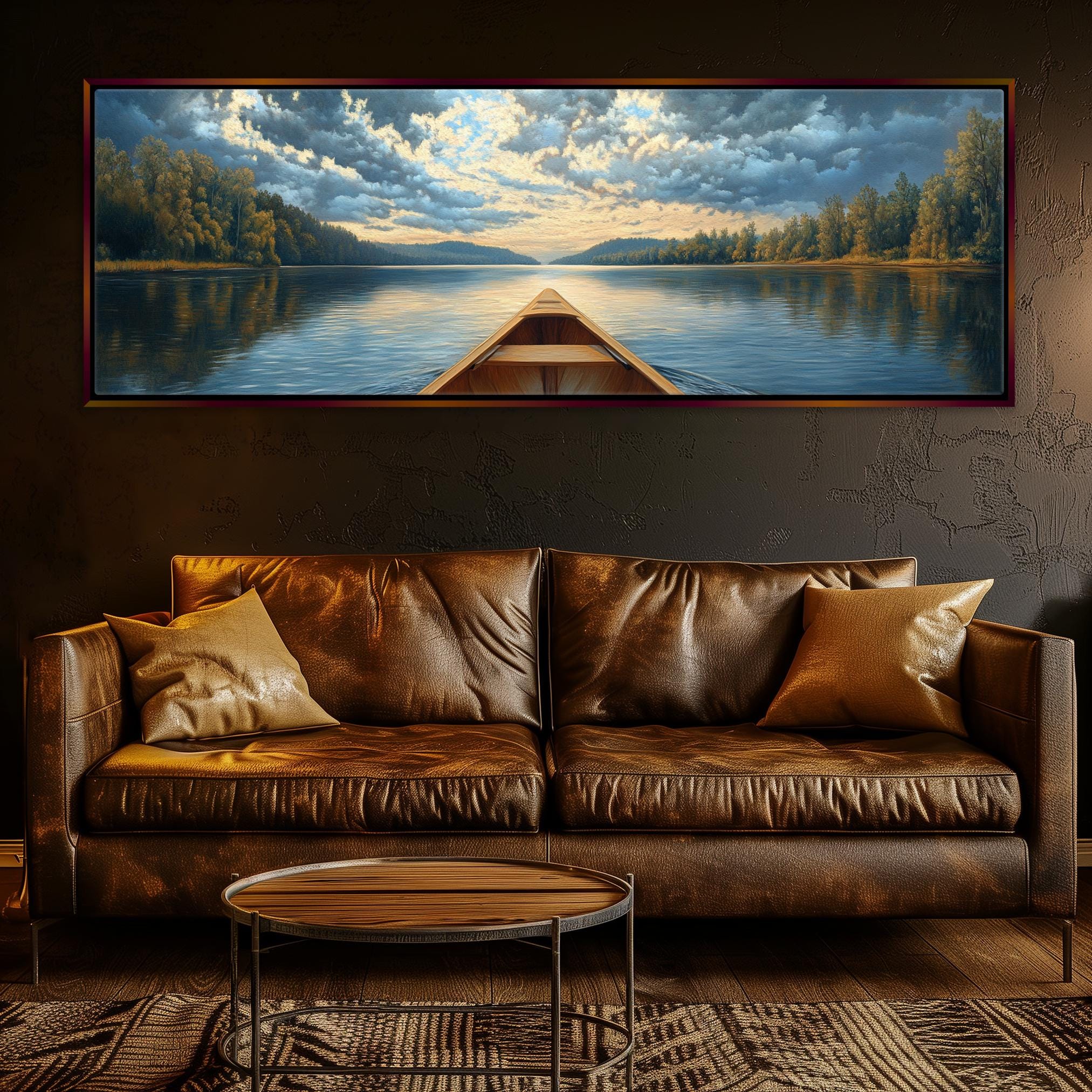 a painting of a boat on a lake