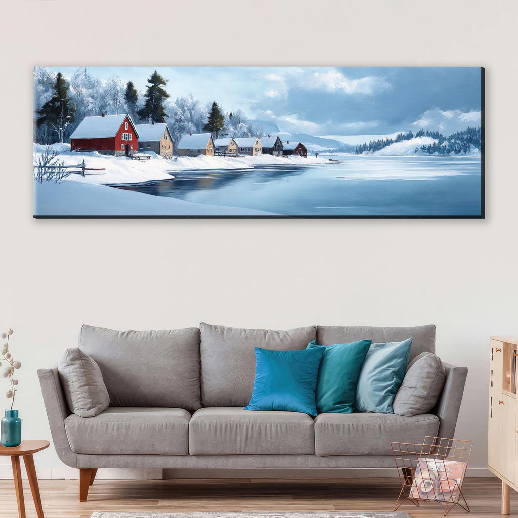 a living room with a couch and a painting on the wall