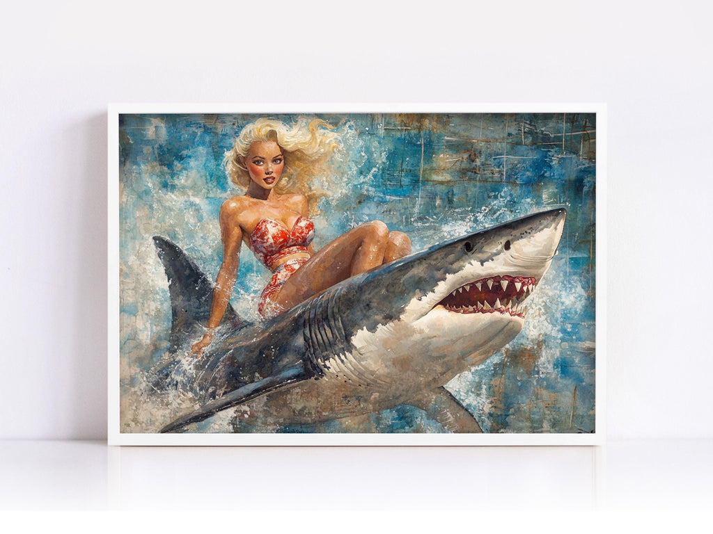 a painting of a woman sitting on top of a shark
