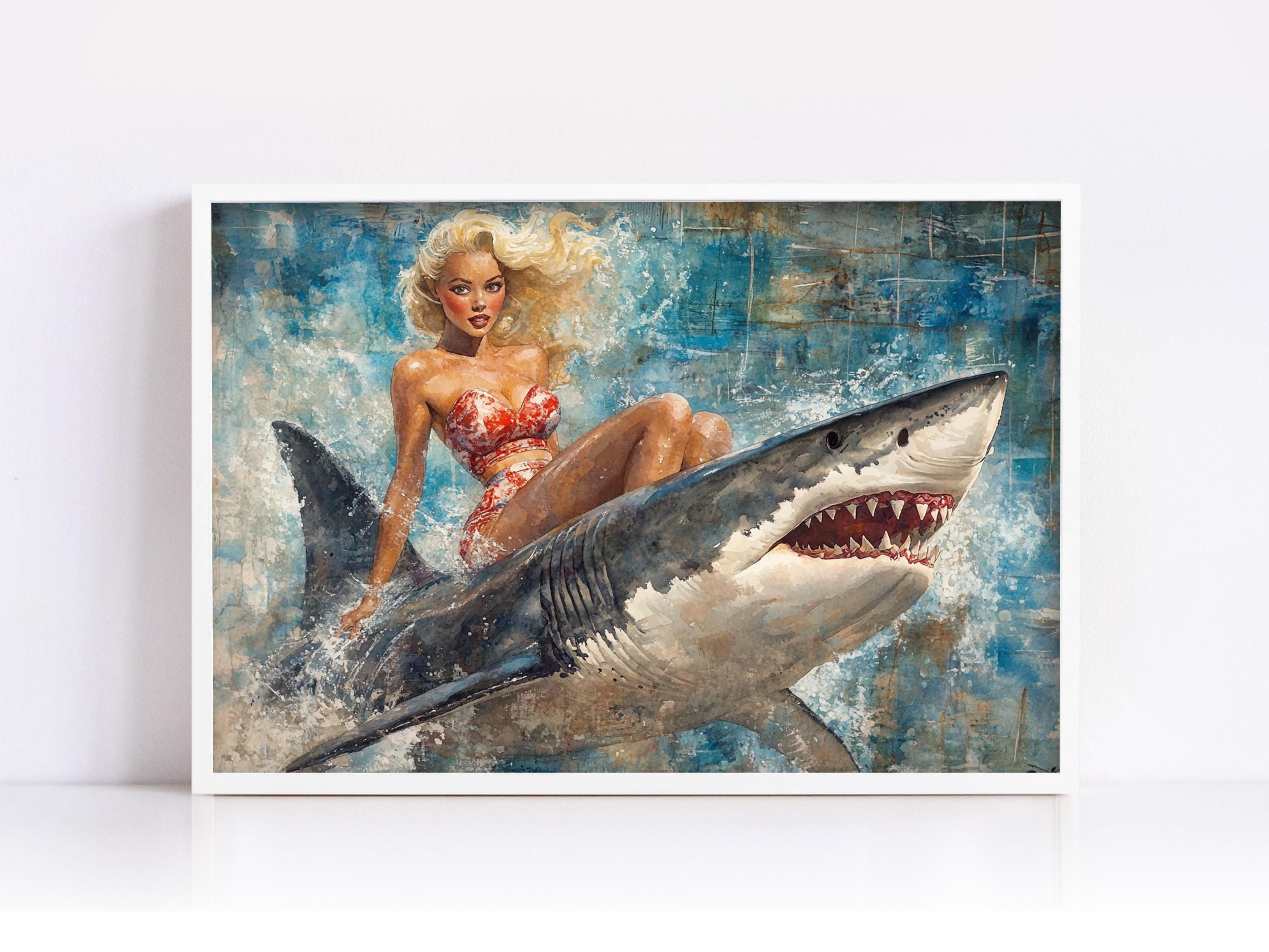 a painting of a woman sitting on top of a shark