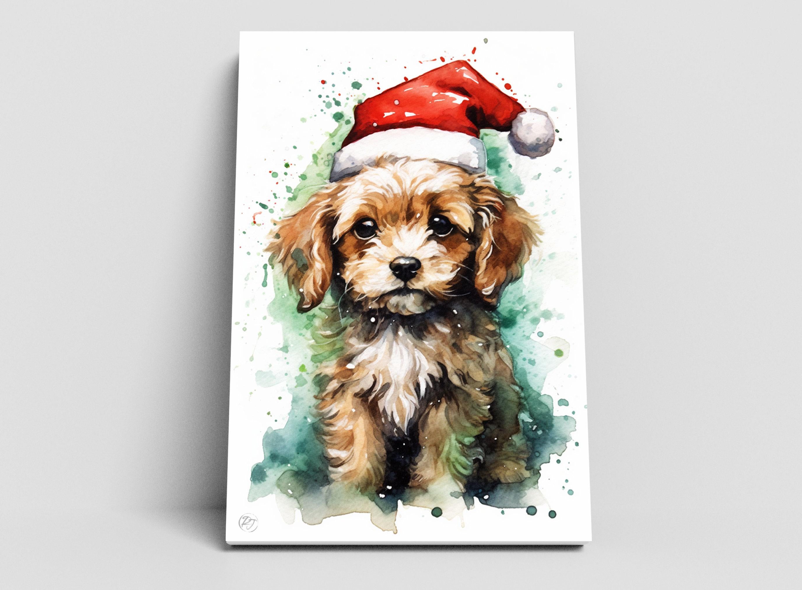 Holiday Pup in Santa Hat Watercolor Wall Decor, Giclee Print on Canvas, Artist Paper, Watercolor Paper, Available in Extra Large Sizes