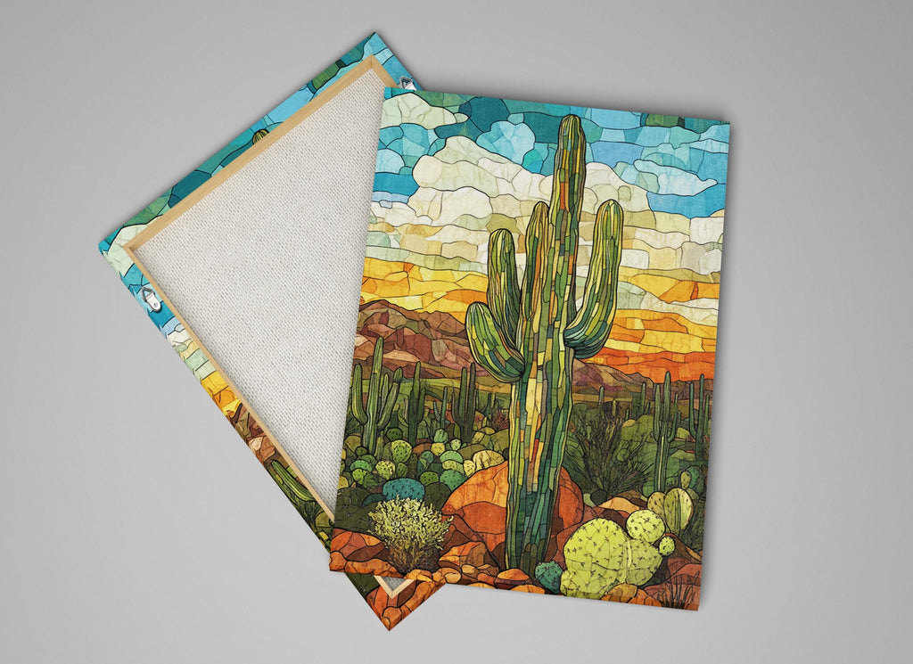 a painting of a cactus and a desert landscape