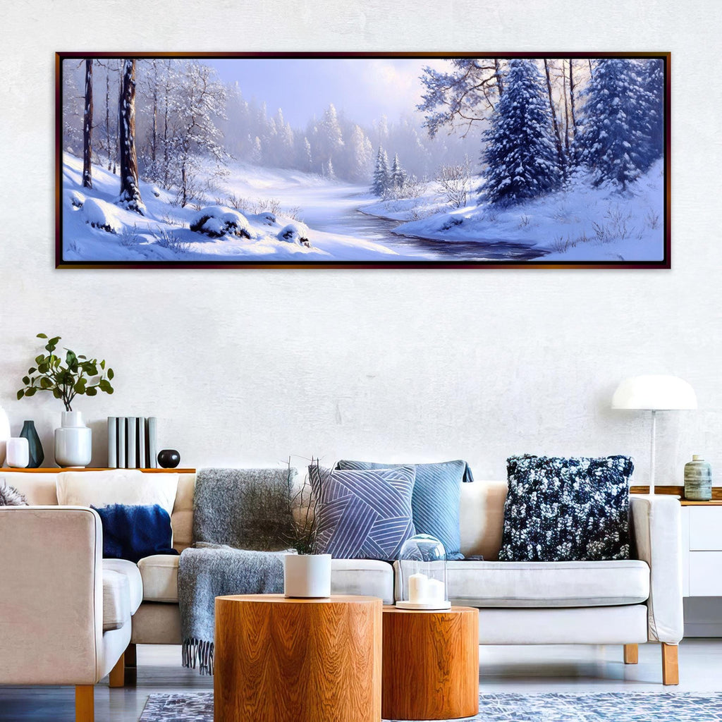 a living room with a couch and a painting on the wall