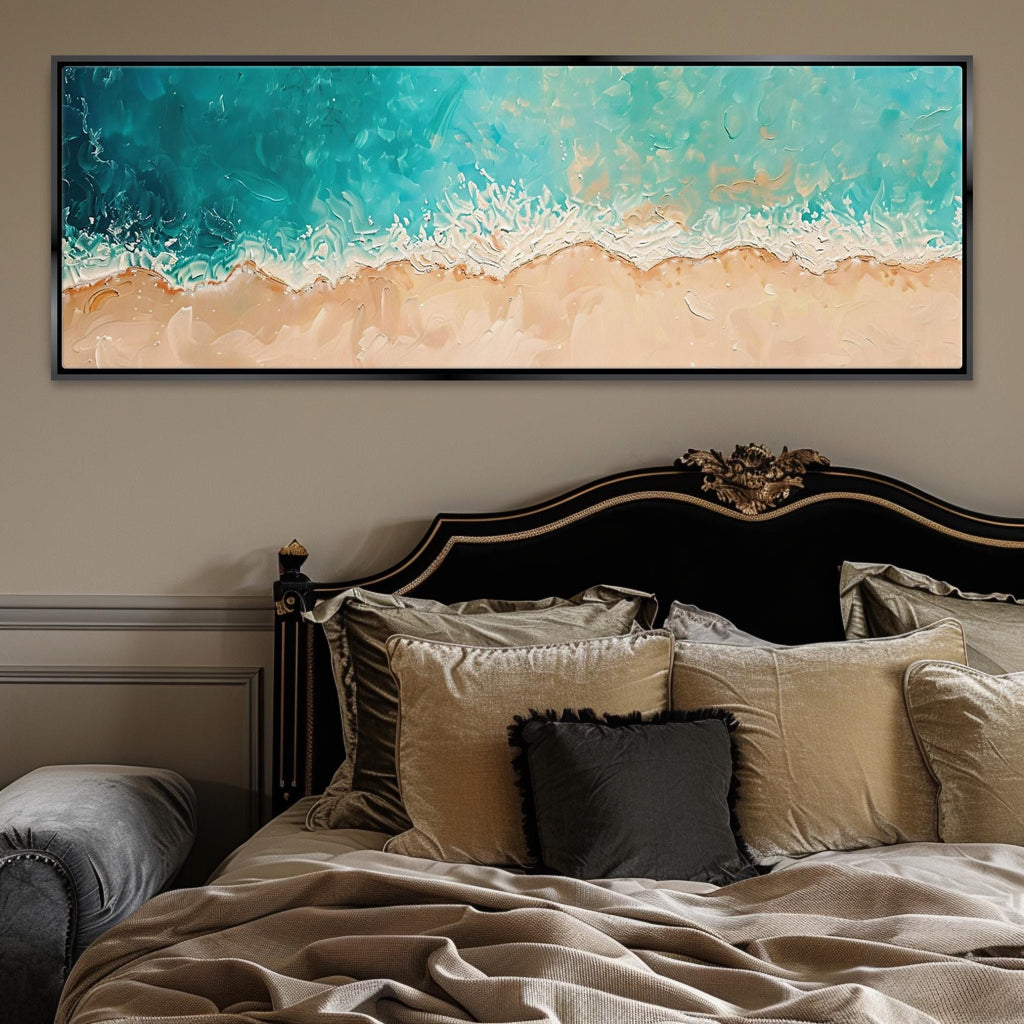 a large painting on a wall above a bed