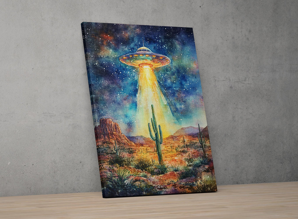 a large, colorful alien spacecraft hovering over a desert landscape with cacti and mountains in the background.