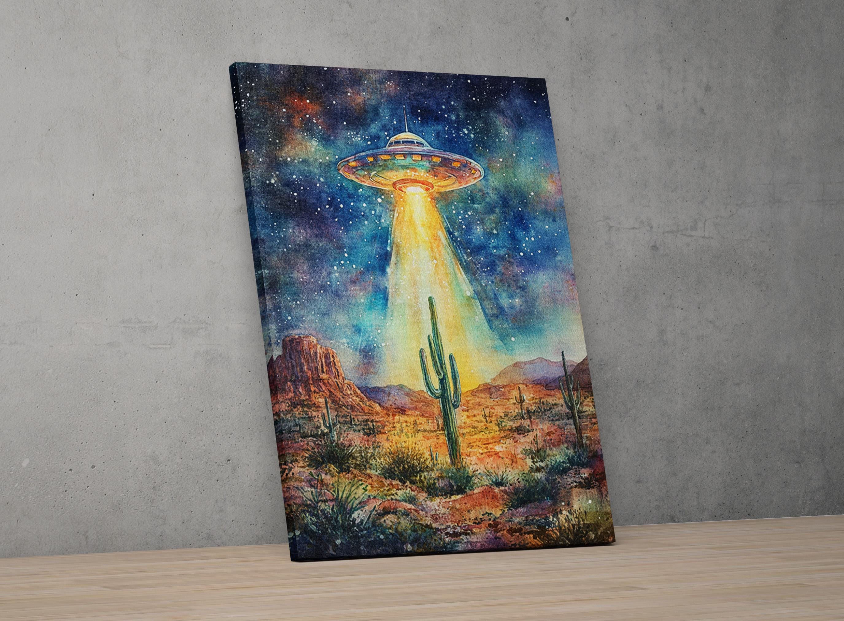 a large, colorful alien spacecraft hovering over a desert landscape with cacti and mountains in the background.