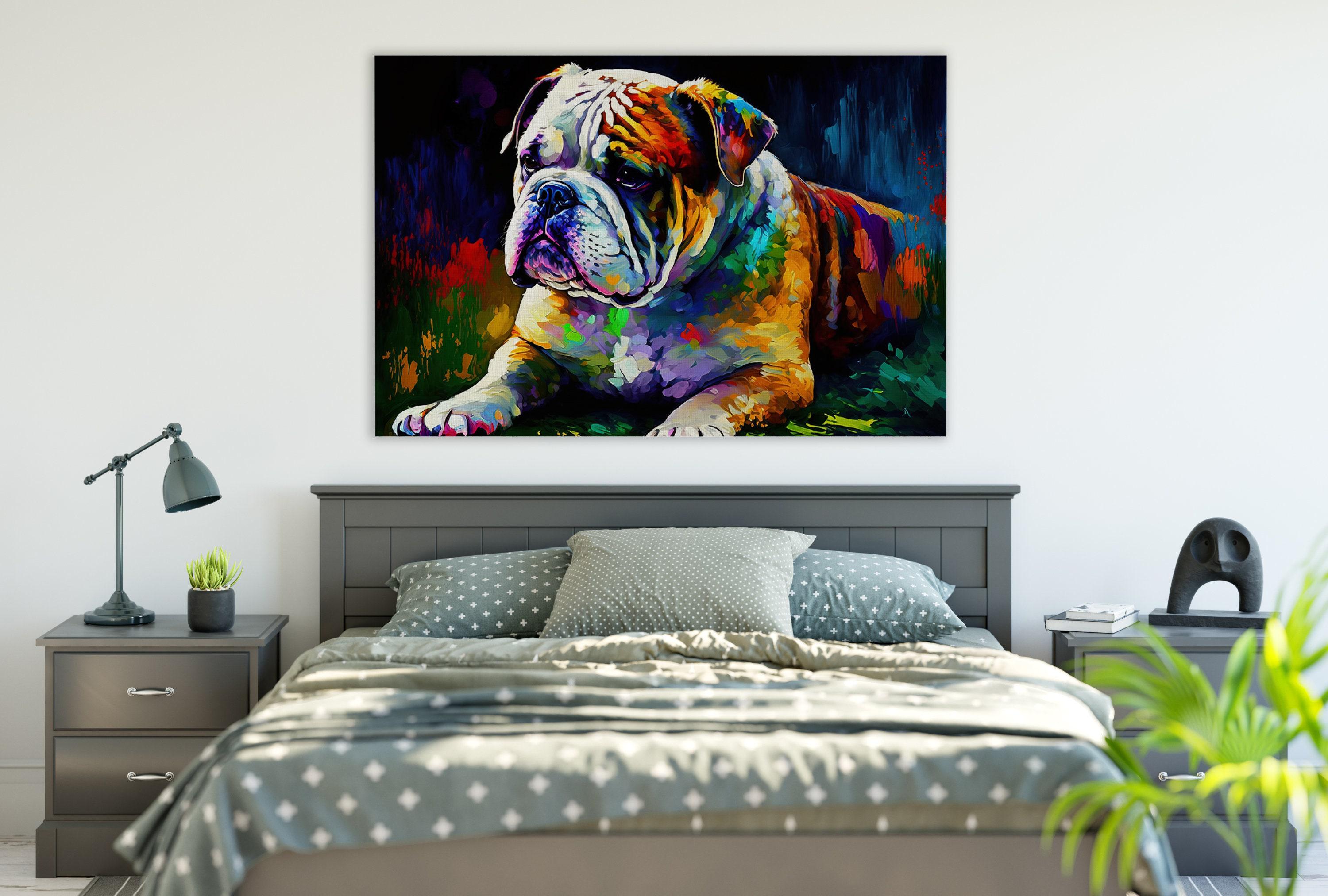 a large, colorful painting of a bulldog on the wall above a bed with a gray and white bedspread.