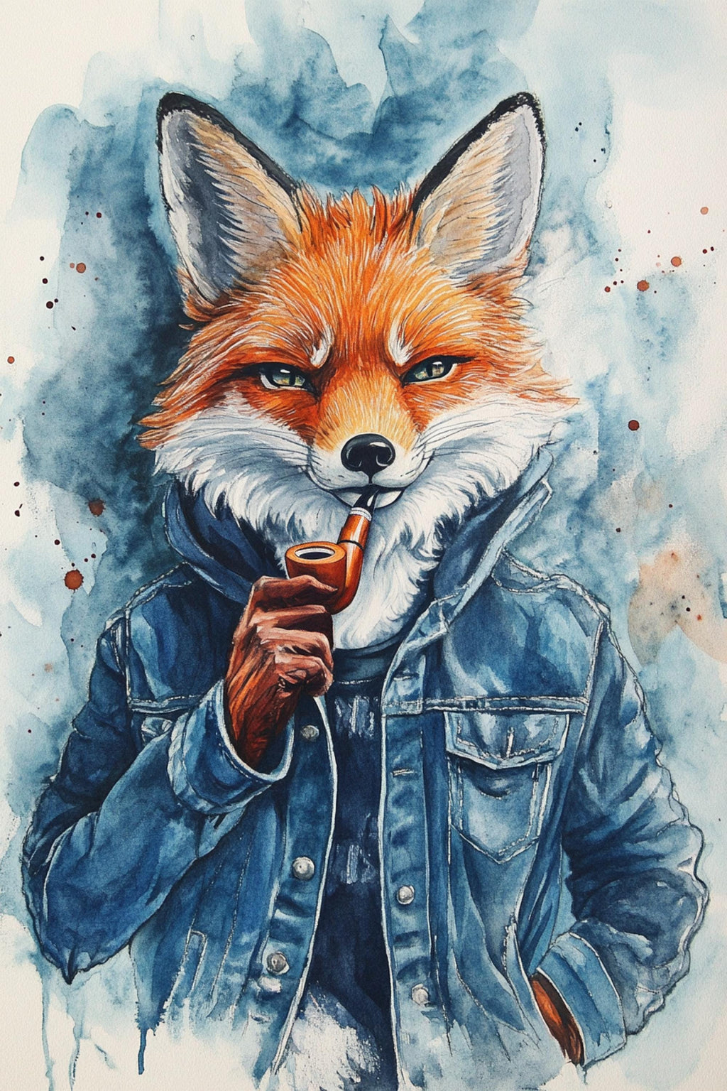 a fox wearing a blue denim jacket and holding a pipe, with a serious expression on its face.