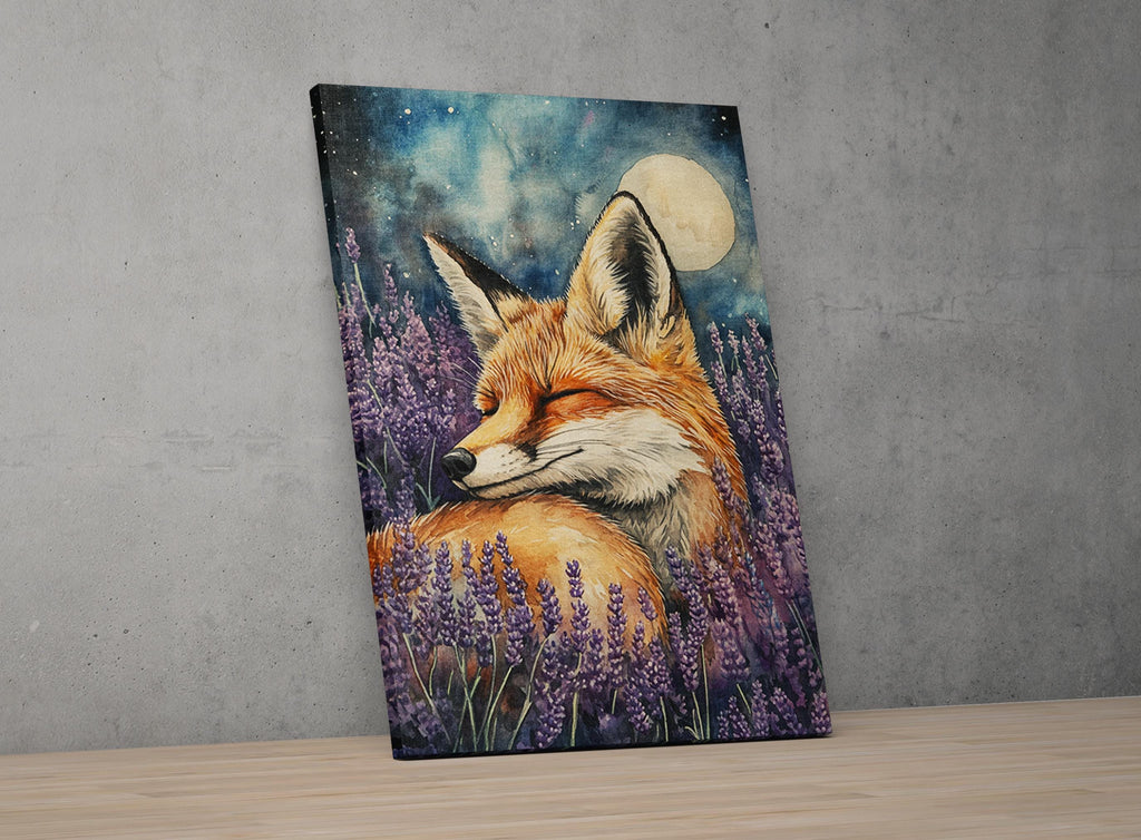 The image is a painting of a fox resting in a field of purple flowers, with a full moon in the background.