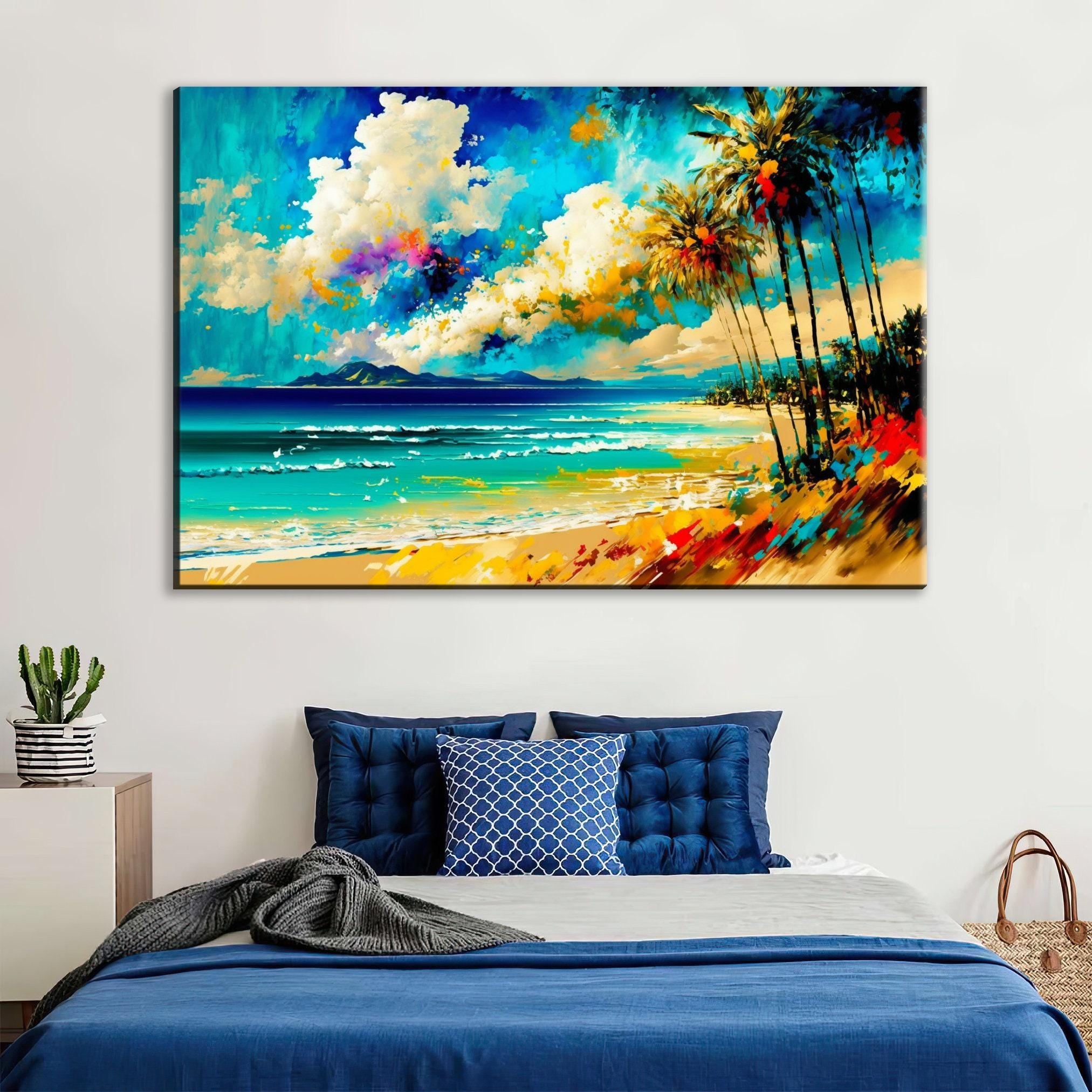 Beach Canvas Wall Art – Large Coastal Wall Art With Real Wood Frame, Tranquil Scene