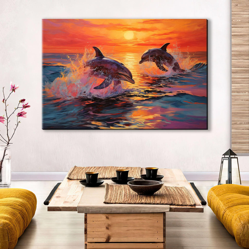 Dolphin Canvas Art – Tropical Dolphin Painting on UV Coated Large Canvas Wall Decor