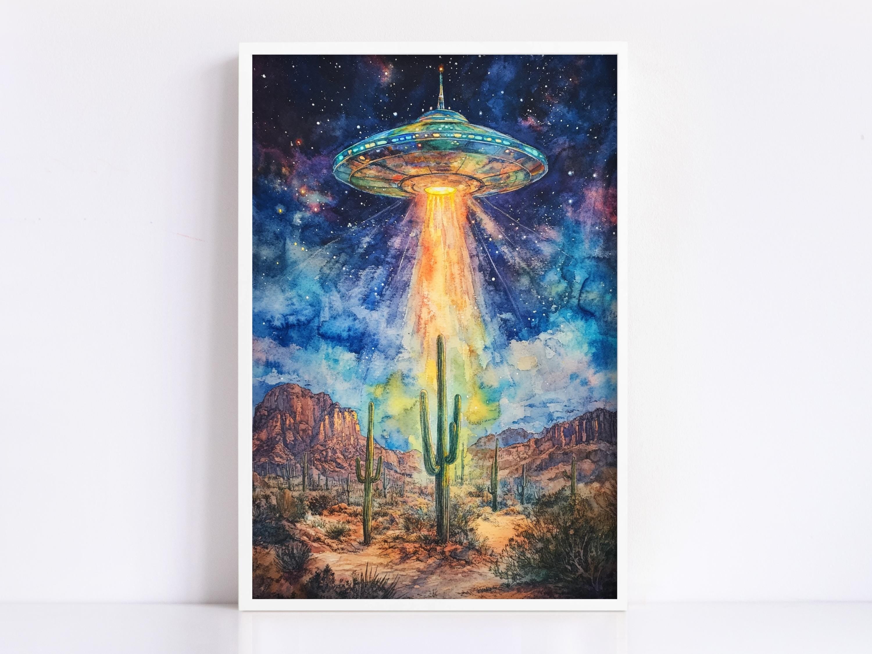 A watercolor painting depicting a large, colorful alien spacecraft hovering over a desert landscape with cacti and mountains in the background.
