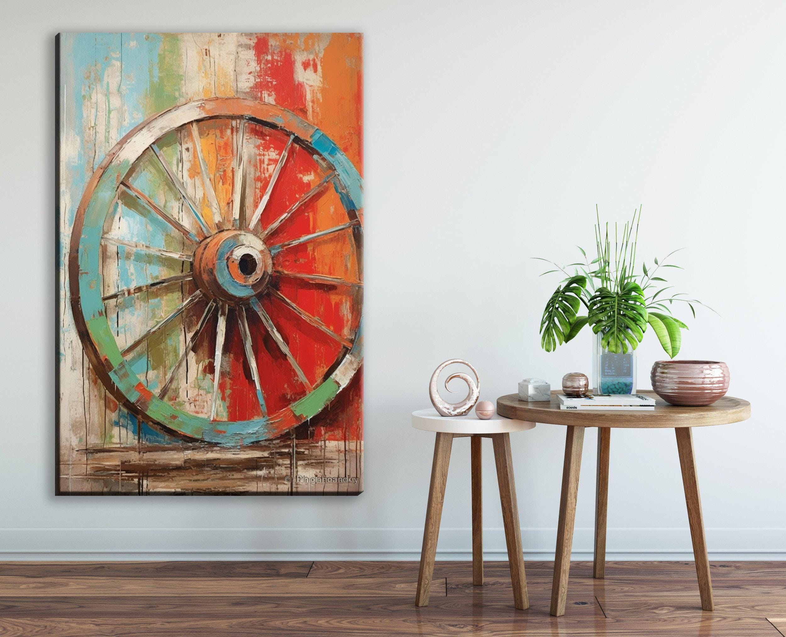 Wagon Wheel Wall Art – Rustic Elegance Farmhouse Canvas Art, Large Gallery Wrapped Print